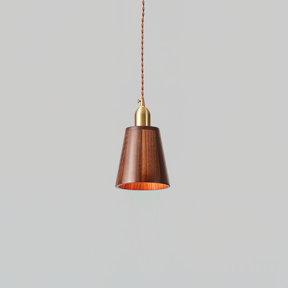 Walnut Finish Wood Pendant Lamp With Brass Accents